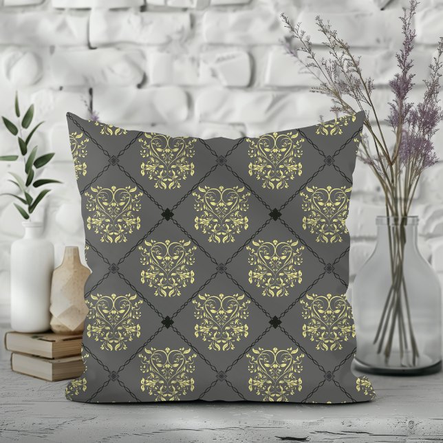 Mörk Grått Diamond Damask Pattern Kudde (Skapare uppladdad)