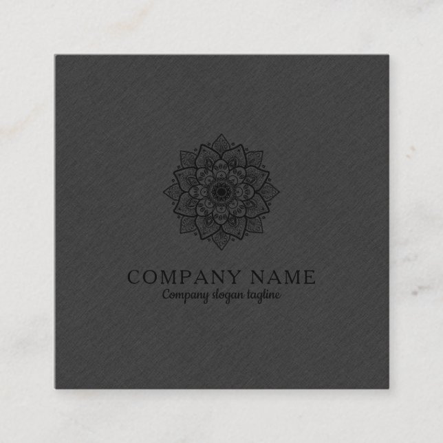 Mörk-Grått Faux Linen & Black Mandala Fyrkantigt Visitkort (Framsida)
