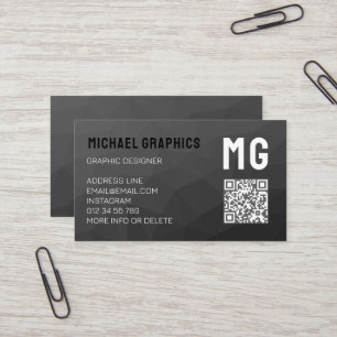 Mörk Grått-geometriskt nät mönster QR-kod Monogram Visitkort