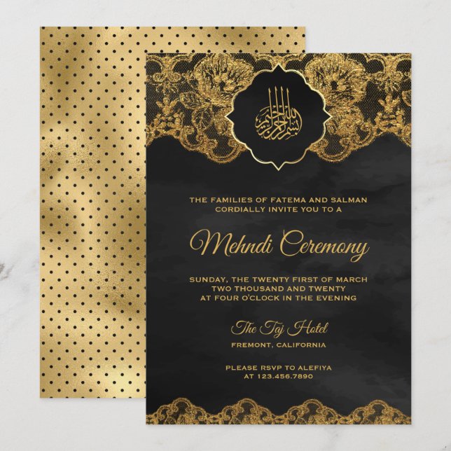 Mörk Grått Gold Foil Snöre Islamic Mehndi Inbjudningar (Fram/baksida)