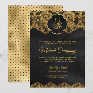 Mörk Grått Gold Foil Snöre Islamic Mehndi Inbjudningar