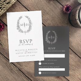 Mörk grått hand plockade löv monogram OSA bröllop Kort