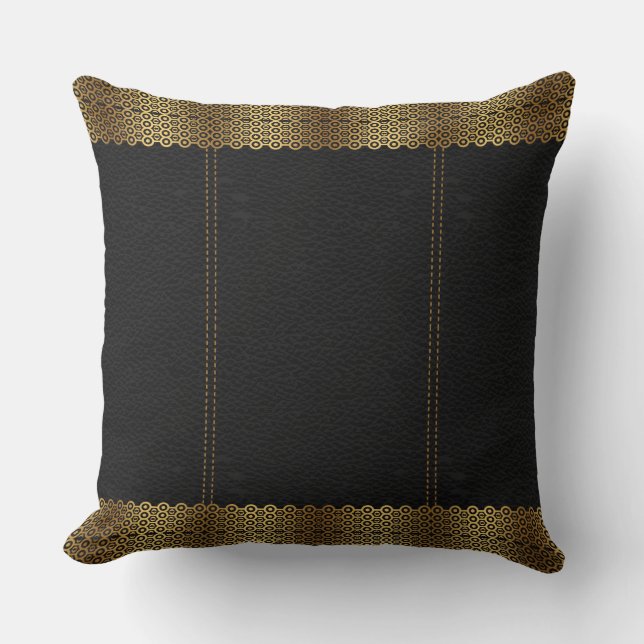 Mörk Grått Leather & Guld Geometric Gräns Kudde (Framsida)