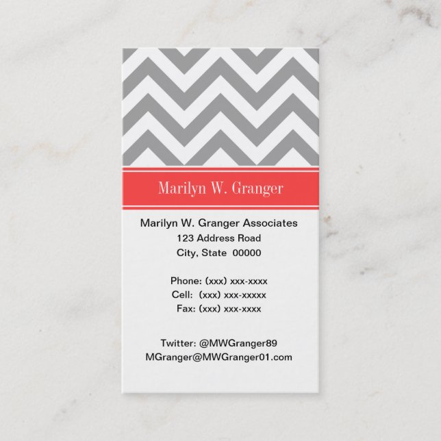 Mörk Grått Lg Chevron Coral Red Namn Monogram Visitkort (Framsida)
