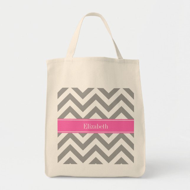 Mörk Grått Lg Chevron Shock rosa #2 Namn Monogram Tygkasse (Framsidan)