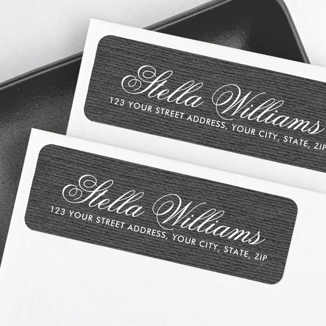 Mörk grått linen romantic script returadress returadress etikett (Dark gray linen romantic script return address label)