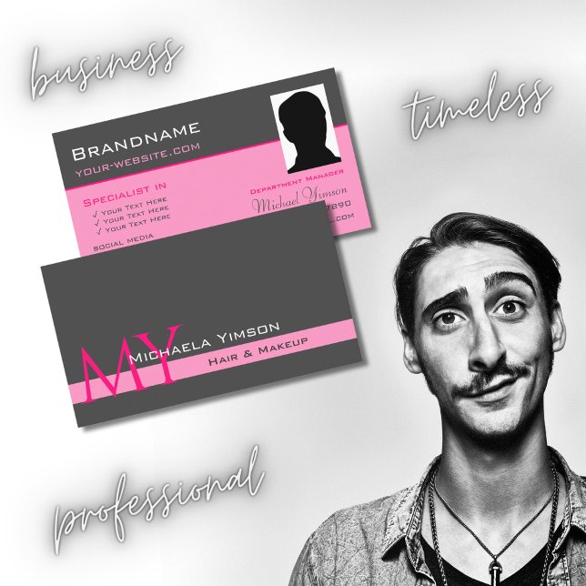 Mörk Grått Ljus rosa med Monogram och fotoChic Visitkort (Skapare uppladdad)