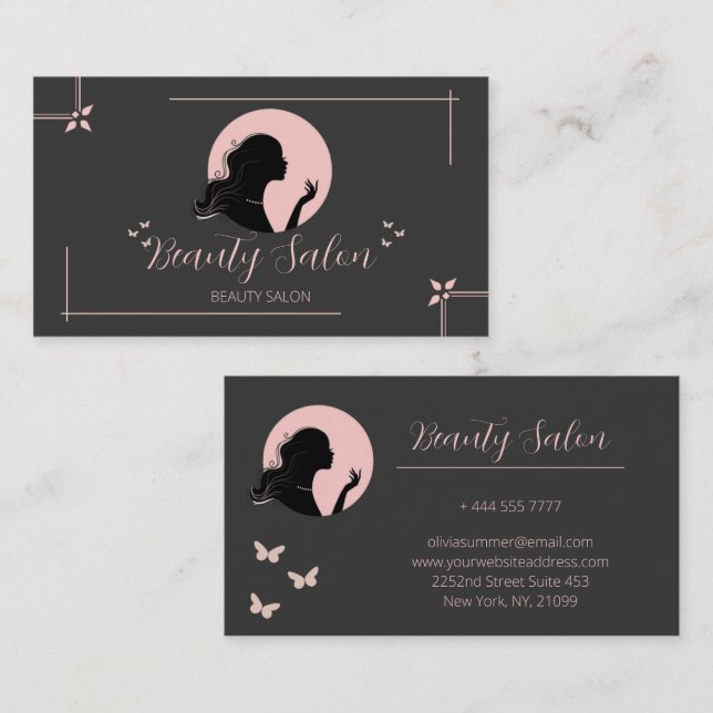 Mörk Grått och Rosa Beauty Salon Visitkort (Fram/baksida)
