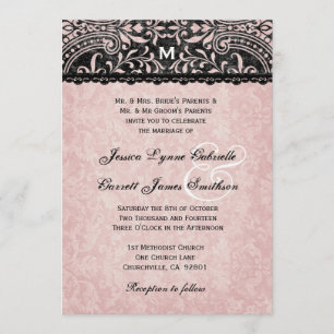 Mörk Grått- och Rosa Vintage Damaskus Wedding FELT Inbjudningar