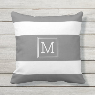 Mörk Grått och vit Rand Enkelt Monogram Kudde
