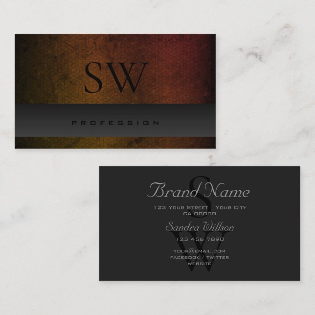 Mörk Grått Orange Gradient Mönster med monogram Visitkort (Fram/baksida)