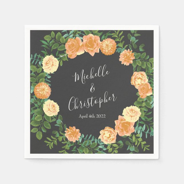 Mörk Grått Peach Bröllop Modern Blommigt Pappersservett (Framsidan)