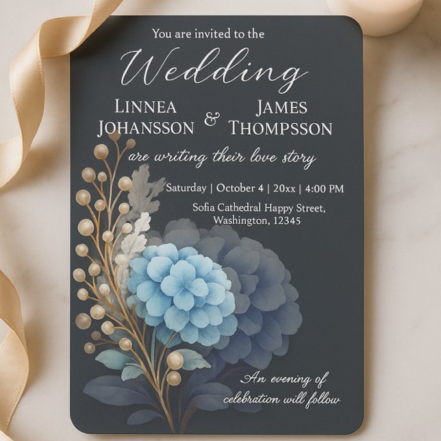 Mörk Grått Pearl Hydrangea Blue Watercolor Bröllop Inbjudningar (Skapare uppladdad)