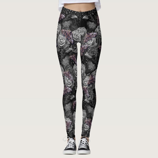 Mörk Grått Raven Evermore med Ro och Hawkmoths Leggings (Framsida)