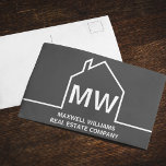 Mörk Grått Real Gods Company Monogram Realtor Vykort<br><div class="desc">Det här moderna realatormonogrammet mörk grått marknadsföring-vykortet är anpassningsbar som tillverkas med ditt realbolag namn svart under realföretaget agent initialer i ren typografi. Denna minimalistiska grått-utformning har en enkel linjekontur av ett hus. Contemporary för en agent som arbetar för att hjälpa dig att köpa ett hem.</div>