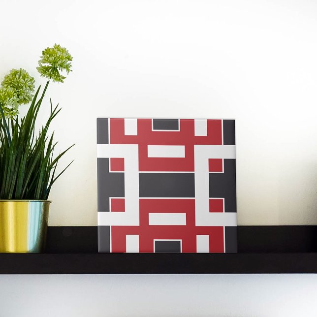 Mörk Grått Red and White Abstrakt Mosaic Geometric Kakelplatta (Skapare uppladdad)