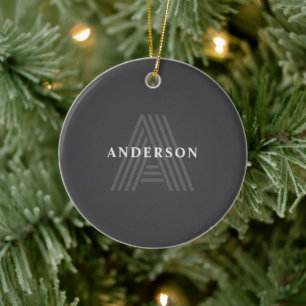 Mörk Grått Retro Modern Monogrammed Namn Julgransprydnad Keramik