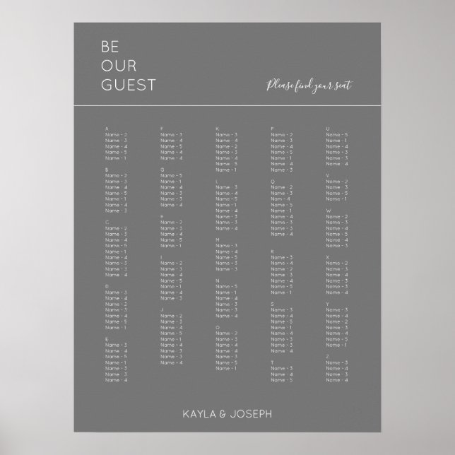 Mörk Grått-sätesdiagram för alfabetiskt Bröllop Poster (Framsidan)