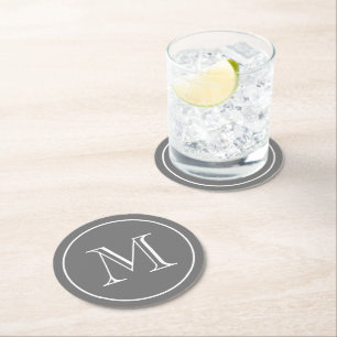Mörk Grått Solid Färg Anpassningsbar Monogram Underlägg Papper Rund