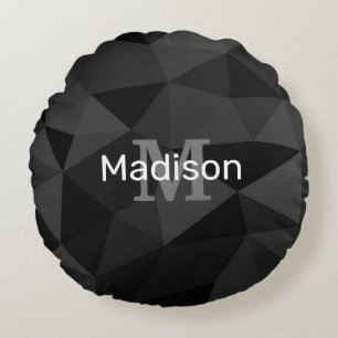 Mörk grått svart geometriskt nät mönster Monogram Rund Kudde