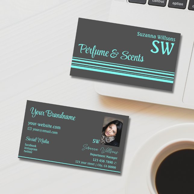 Mörk Grått Teal Rand med Monogram och foto Visitkort (Skapare uppladdad)