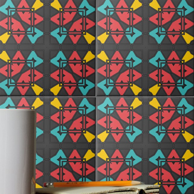 Mörk Grått Turkos Red Gult Abstrakt Geometric Kakelplatta (Skapare uppladdad)