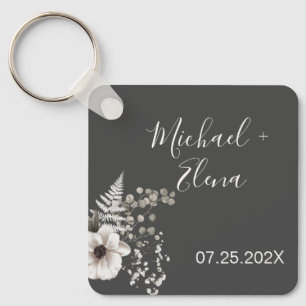 Mörk Grått & White Blommigt Bröllop Nyckelring