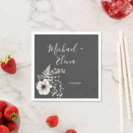 Mörk Grått & White Blommigt Bröllop Papper Pappersservett