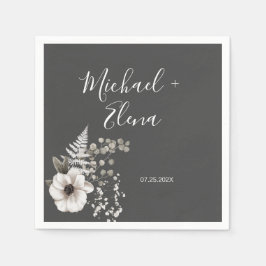Mörk Grått & White Blommigt Bröllop Papper Pappersservett