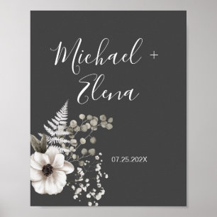 Mörk Grått & White Blommigt Bröllop par Poster