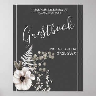 Mörk Grått & White Blommigt Bröllop-tecken Poster