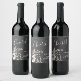 Mörk Grått & White Blommigt Bröllop Vinflaska Etikett