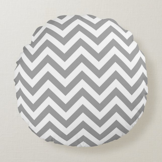 Mörk Grått White Large Chevron ZigZag Mönster Rund Kudde (Framsidan)