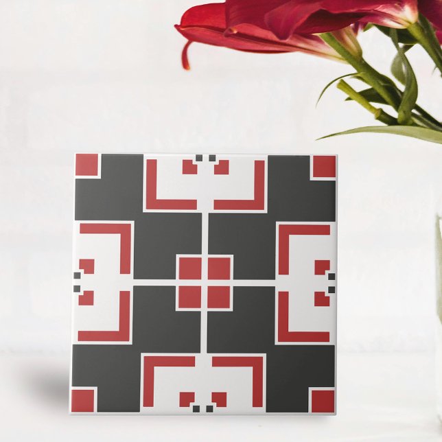 Mörk Grått White och Red Modern Geometric Mosaic Kakelplatta (Skapare uppladdad)