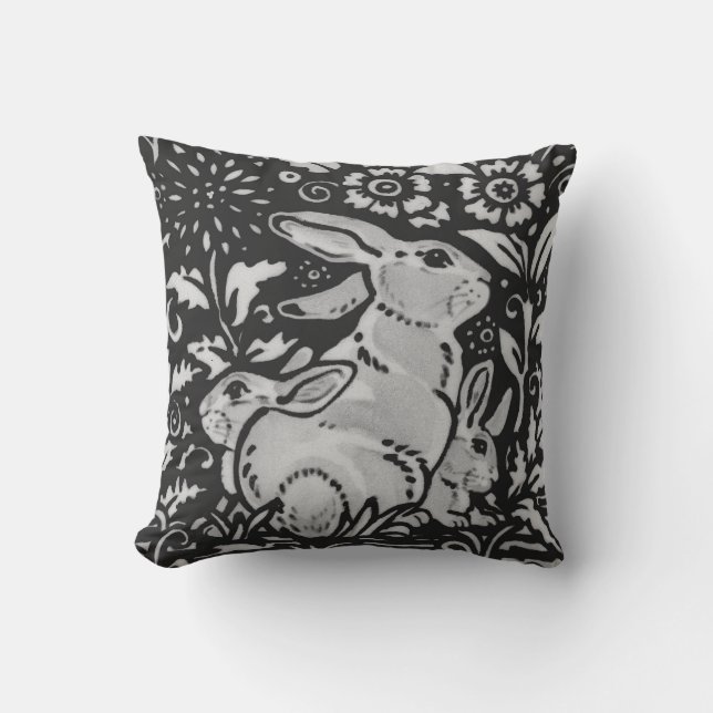 Mörk Grått White Rabbit Mor & Spädbarn Chinoiserie Kudde (Framsida)