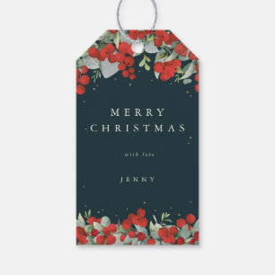 Mörk Grön Röd Bär+Eukalyptus Jul/Firande Presentetikett