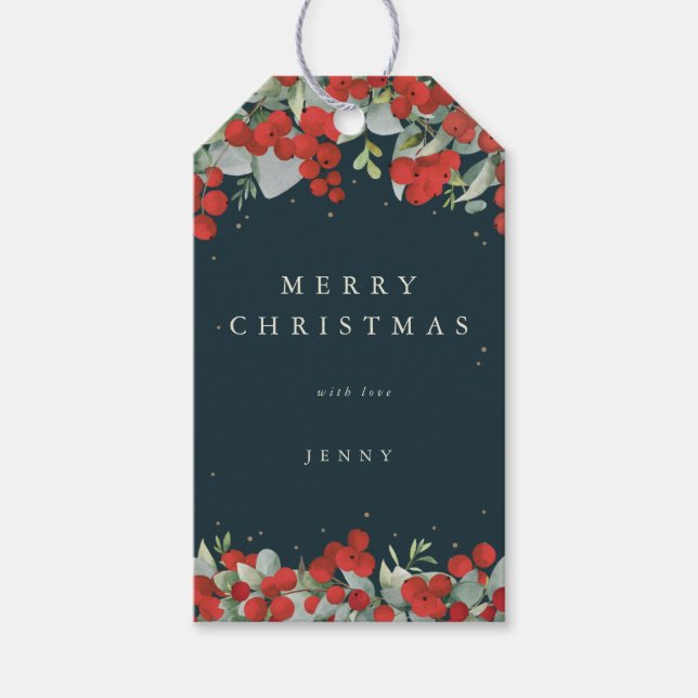 Mörk Grön Röd Bär+Eukalyptus Jul/Firande Presentetikett (Framsidan)