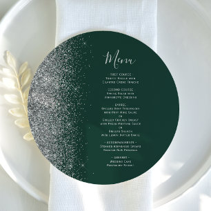 Mörk Grön Silver Glitter Rund Tallrik Bröllopsmeny Meny