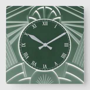 Mörk grönt Art Deco Clock - Snyggt Abstrakt Linjer Fyrkantig Klocka