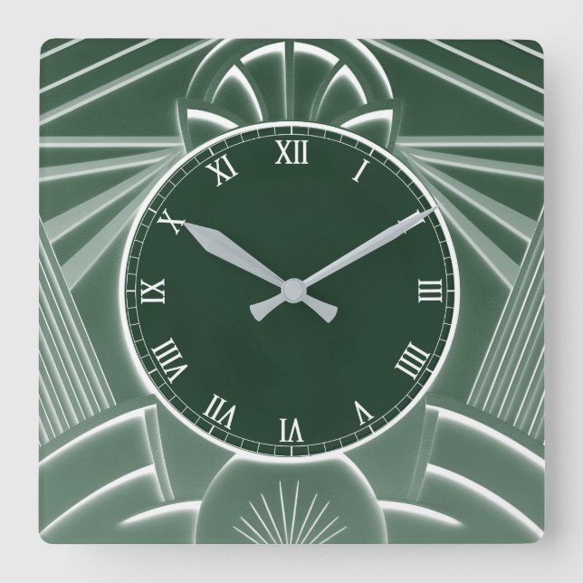 Mörk grönt Art Deco Clock - Snyggt Abstrakt Linjer Fyrkantig Klocka (Framsida)