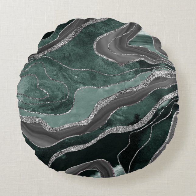 Mörk grönt Black Marble Agate Silver Glitter Glam Rund Kudde (Framsidan)