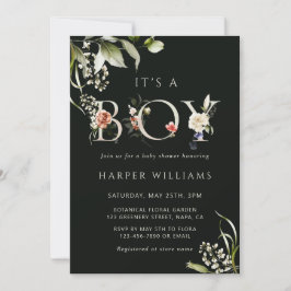 Mörk grönt Blommigt Botanical Brev Boy Shower Inbjudningar