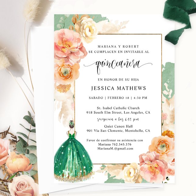 Mörk grönt Blommigt Quinceañera på spanska, Elegan Inbjudningar (Skapare uppladdad)