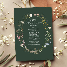 Mörk grönt Boho Wildblomme Teme Chic Babykläder Inbjudningar