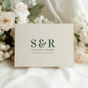 Mörk-Grönt Bröllop Monogram Beige Linen Gästböcker