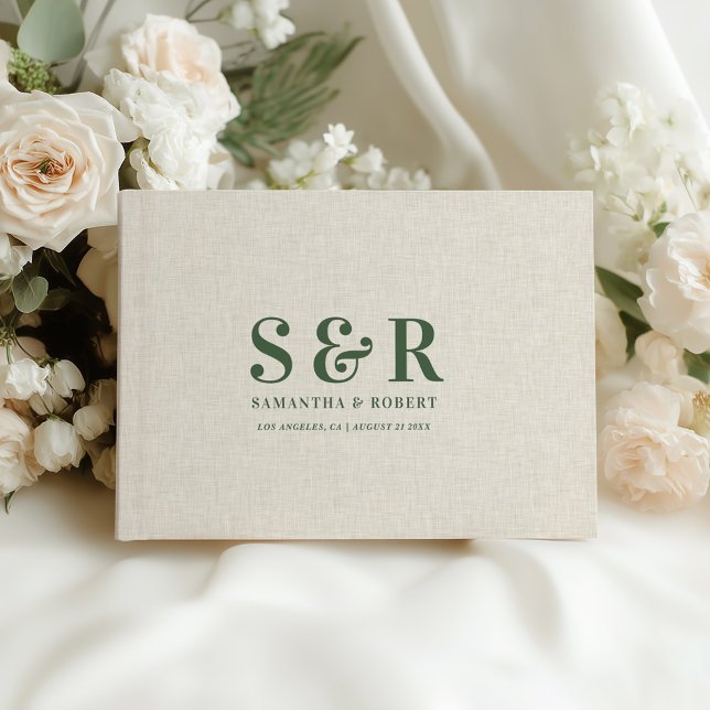 Mörk-Grönt Bröllop Monogram Beige Linen Gästböcker (Skapare uppladdad)