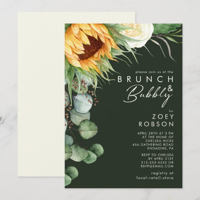 Mörk grönt Brunch och bubbelfärgad Land-solros Inbjudningar (Fram/baksida)