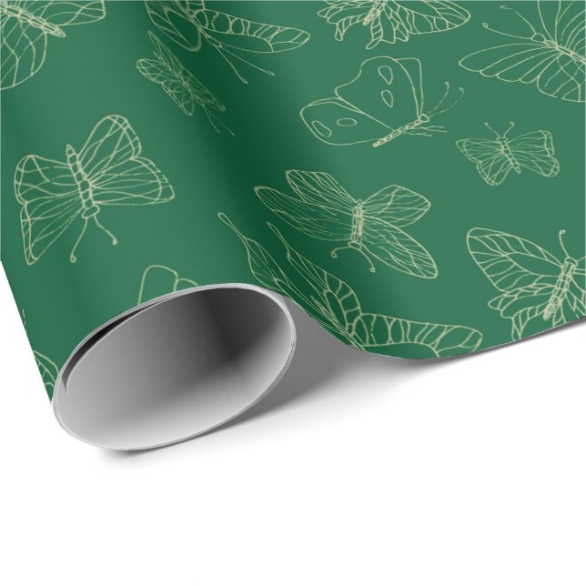 Mörk grönt Butterfly-utskrift, naturinspirerad Presentpapper (Rullad Hörn)