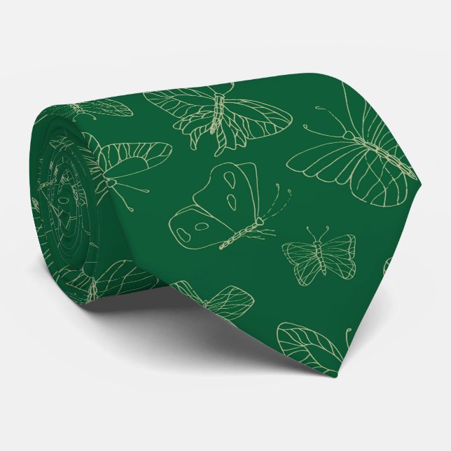 Mörk grönt Butterfly-utskrift, naturinspirerad Slips (Rullad)