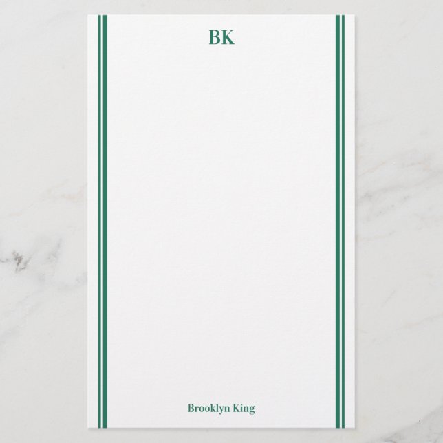Mörk grönt Dubblan Linjer Monogram och Namn Brevpapper (Framsida)